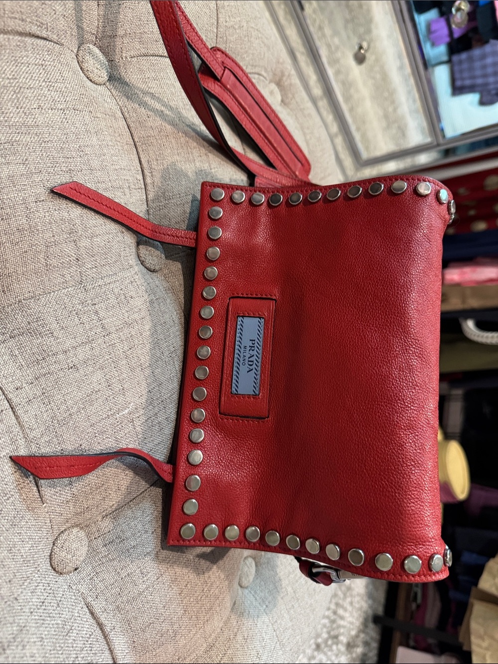 Prada Red Leather Stud-Trim Crossbody Bag